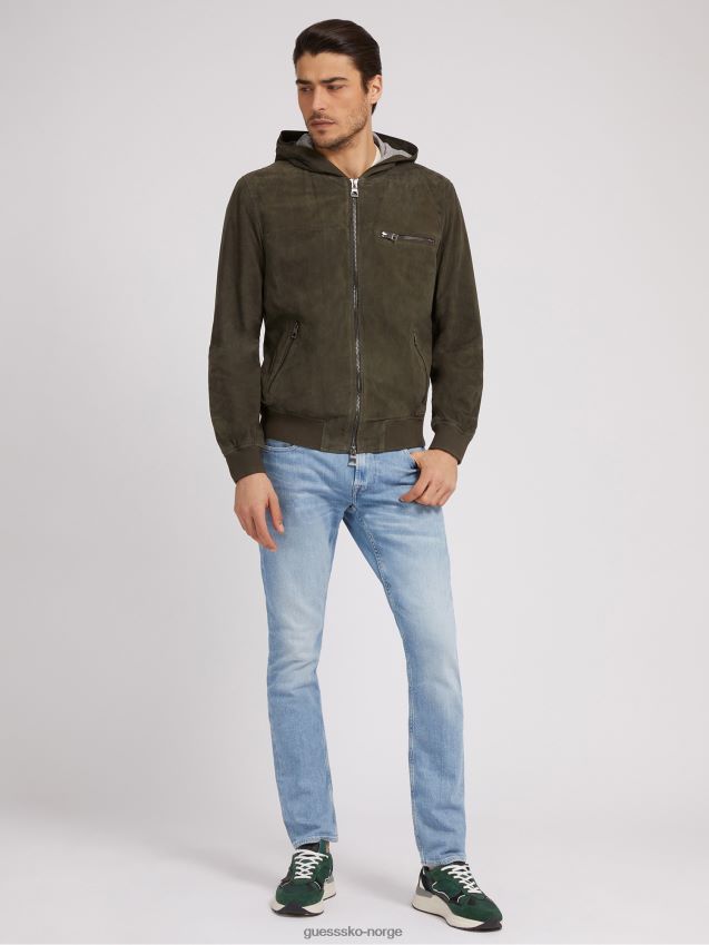 Guess grønn bomberjakke med hette i semsket skinn grønn menn F0LJ80277
