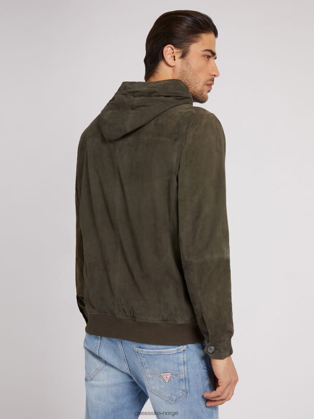 Guess grønn bomberjakke med hette i semsket skinn grønn menn F0LJ80277