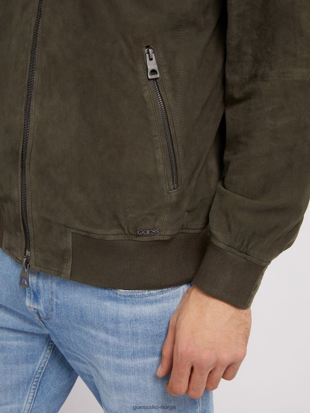Guess grønn bomberjakke med hette i semsket skinn grønn menn F0LJ80277