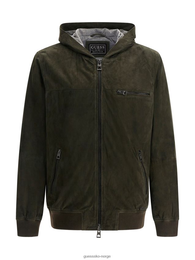 Guess grønn bomberjakke med hette i semsket skinn grønn menn F0LJ80277