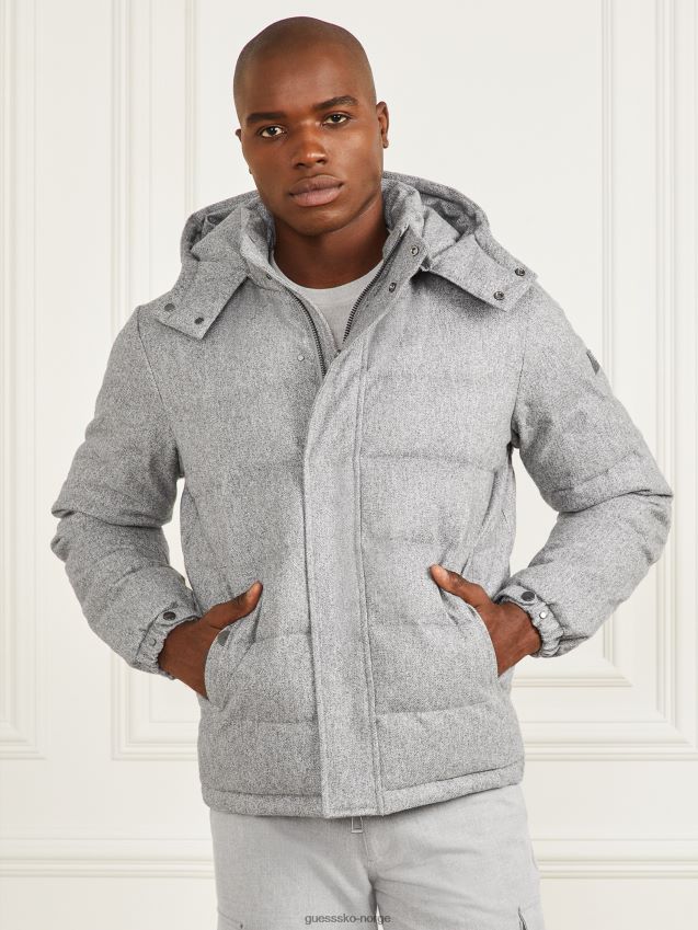 Guess grå sildbeinmelert pufferjakke med hette grå fiskebein melange menn F0LJ8010782