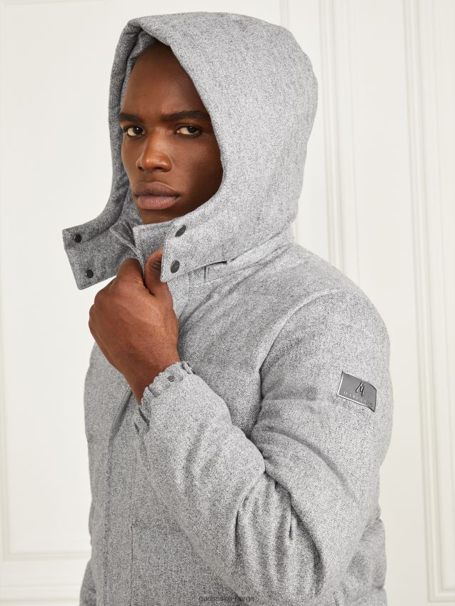 Guess grå sildbeinmelert pufferjakke med hette grå fiskebein melange menn F0LJ8010782