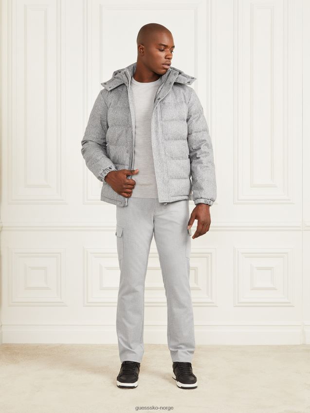 Guess grå sildbeinmelert pufferjakke med hette grå fiskebein melange menn F0LJ8010782
