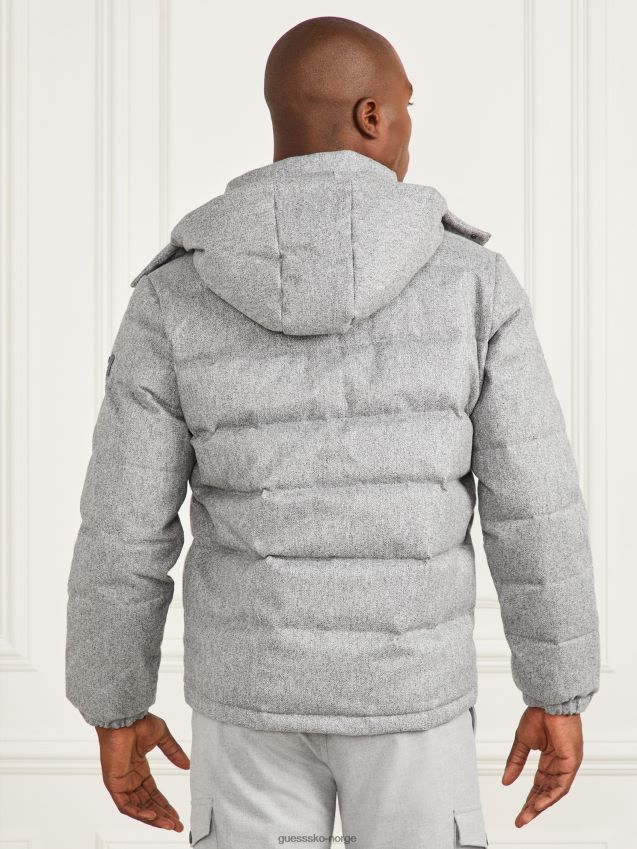 Guess grå sildbeinmelert pufferjakke med hette grå fiskebein melange menn F0LJ8010782