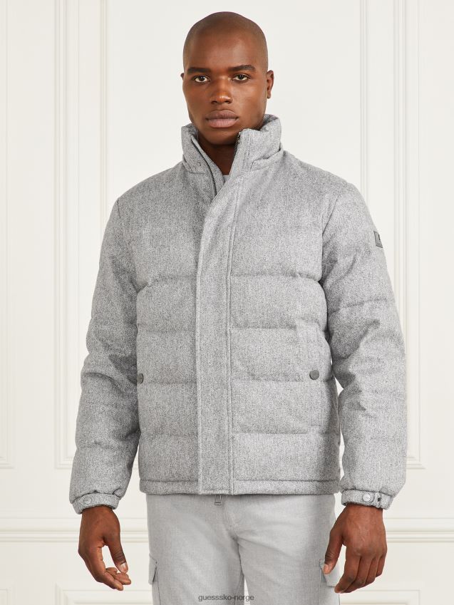 Guess grå sildbeinmelert pufferjakke med hette grå fiskebein melange menn F0LJ8010782