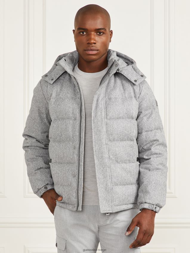 Guess grå sildbeinmelert pufferjakke med hette grå fiskebein melange menn F0LJ8010782