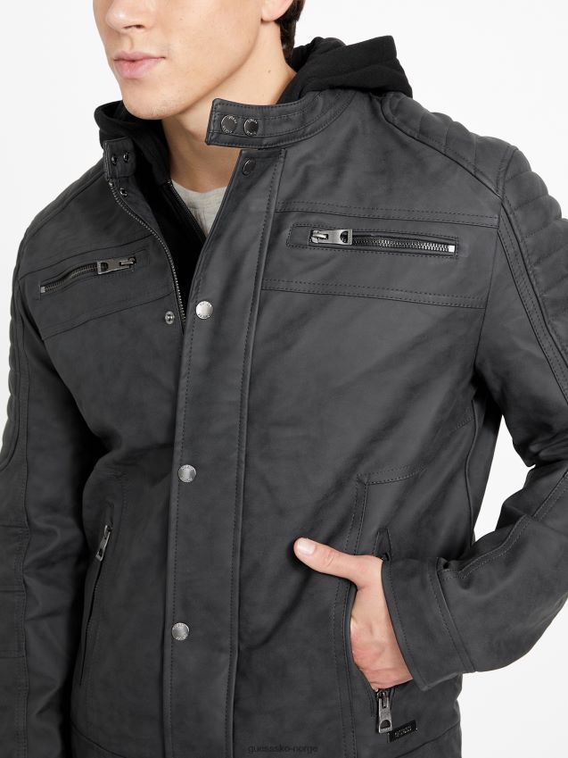 Guess preston motojakke i imitert semsket skinn, kulsort kulsvart menn F0LJ808023