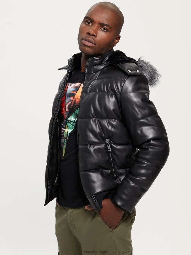 Guess pufferjakke i imitert skinn i stretch, kulsort kulsvart menn F0LJ8010659