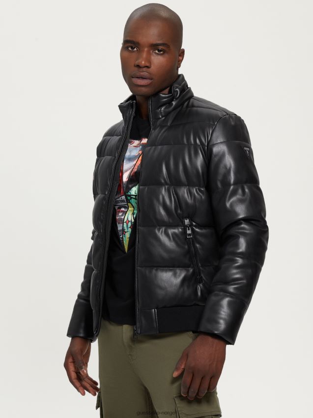 Guess pufferjakke i imitert skinn i stretch, kulsort kulsvart menn F0LJ8010659