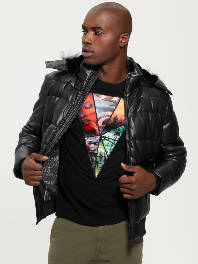 Guess pufferjakke i imitert skinn i stretch, kulsort kulsvart menn F0LJ8010659