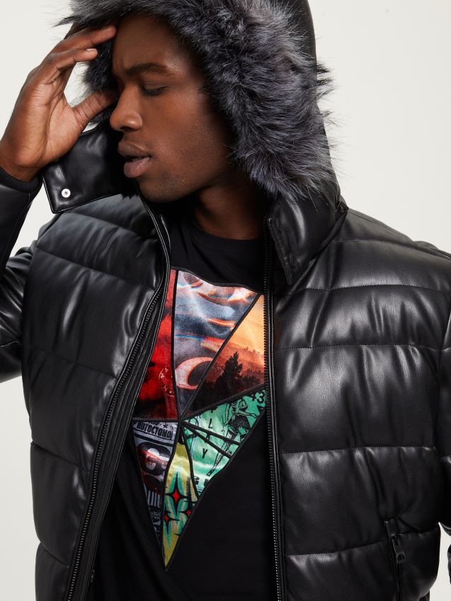 Guess pufferjakke i imitert skinn i stretch, kulsort kulsvart menn F0LJ8010659