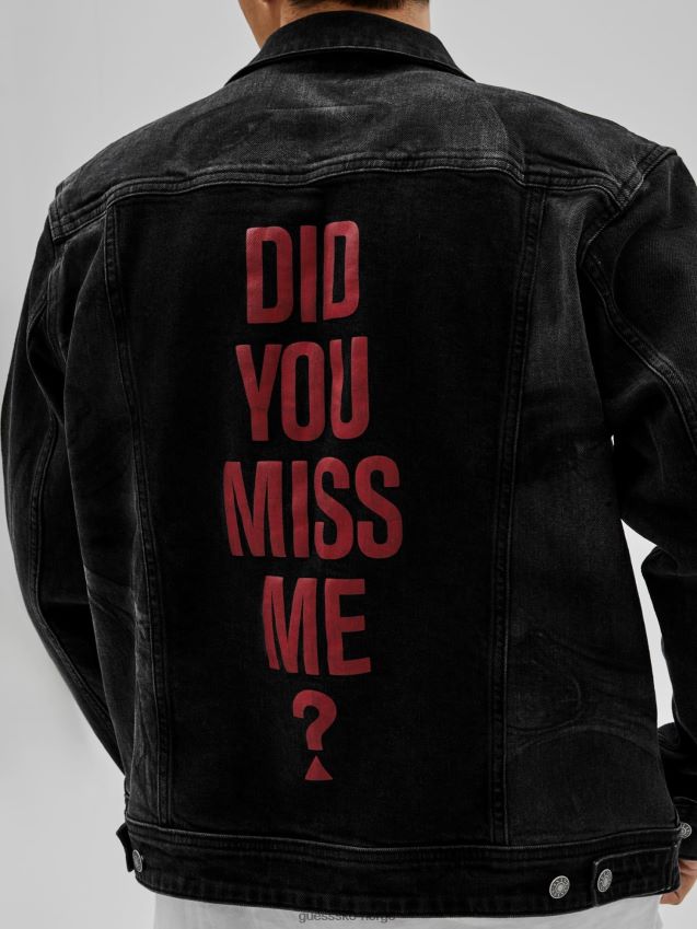 Guess slank denimjakke med trykk bak, svart svart menn F0LJ801522