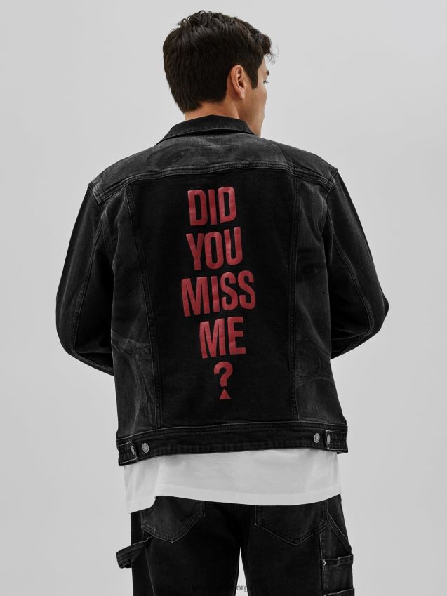 Guess slank denimjakke med trykk bak, svart svart menn F0LJ801522