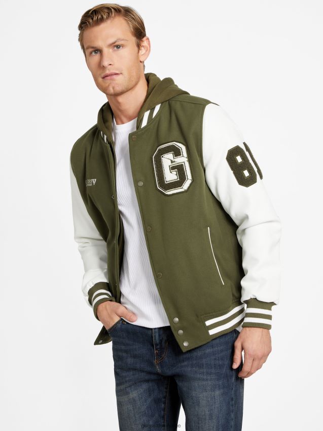 Guess varsity jakke med hette i oliven morgen oliven morgen menn F0LJ808123