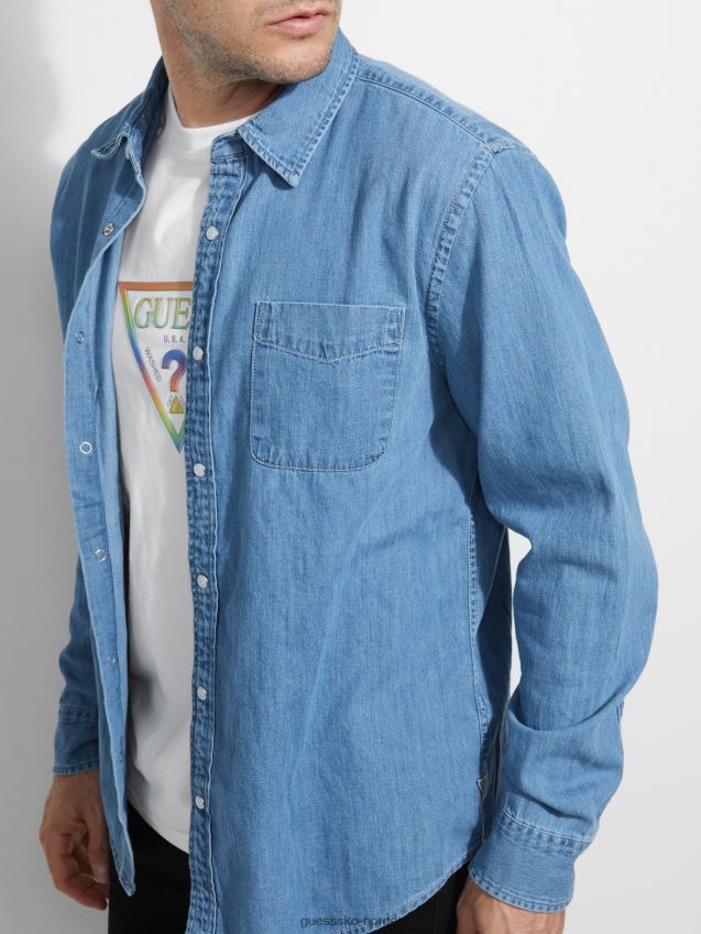 Guess blå dongeri lomme foran skjorte blå menn F0LJ801315