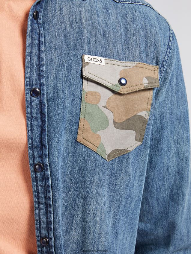 Guess blå slim fit denim skjorte skrubbsår blå menn F0LJ801326