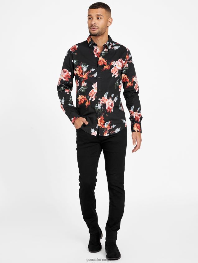 Guess jet black nate floral skjorte kulsvart menn F0LJ807959