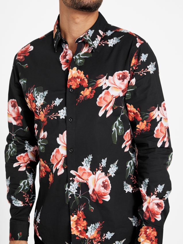 Guess jet black nate floral skjorte kulsvart menn F0LJ807959