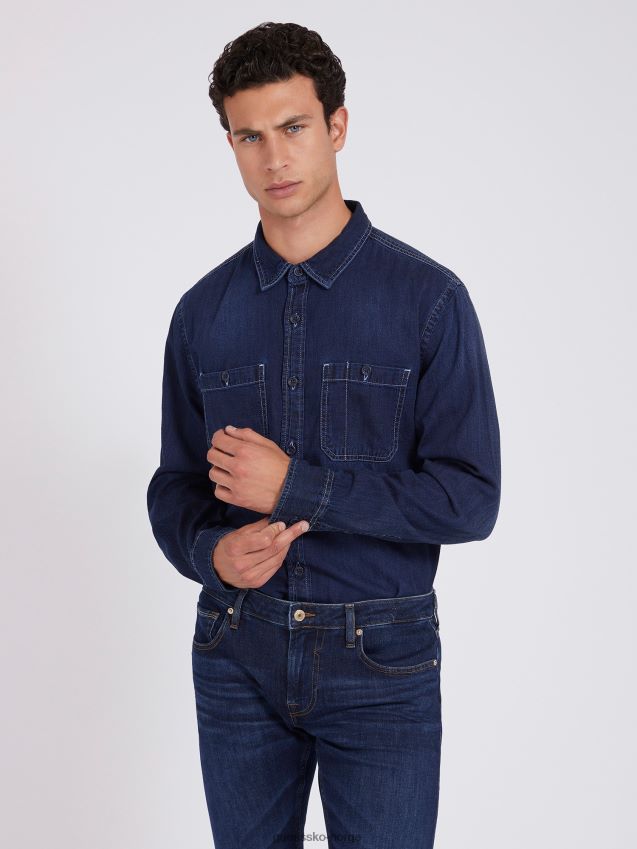 Guess mørkeblå denimskjorte i linblanding mørke blå menn F0LJ80448
