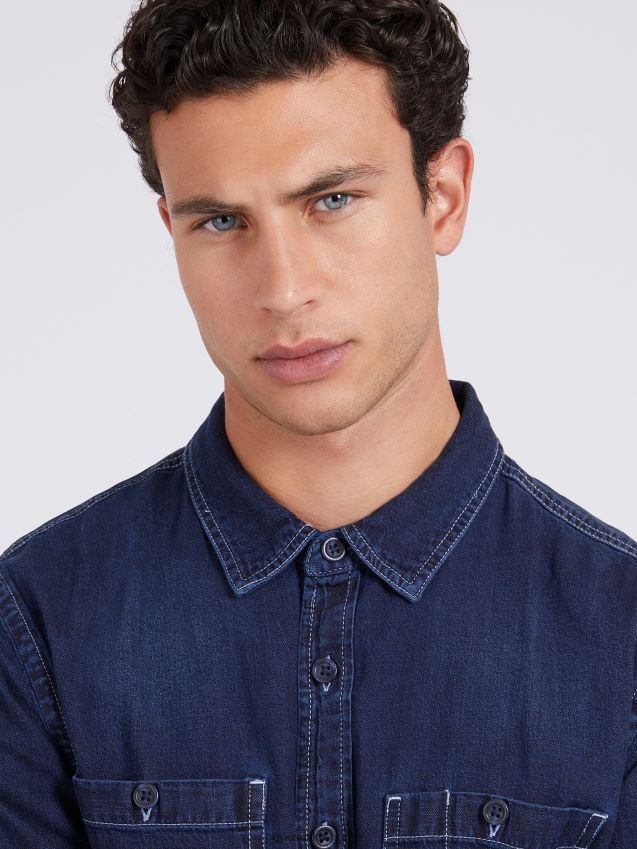 Guess mørkeblå denimskjorte i linblanding mørke blå menn F0LJ80448