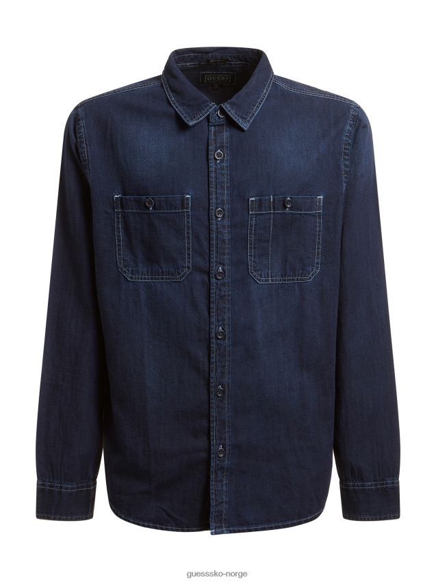 Guess mørkeblå denimskjorte i linblanding mørke blå menn F0LJ80448