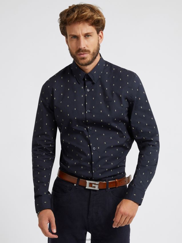 Guess mørkeblå slim fit skjorte med hele trykk mørke blå menn F0LJ80319