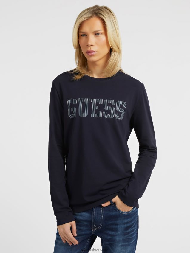 Guess blå t-skjorte med lange ermer med logo foran blå menn F0LJ80593