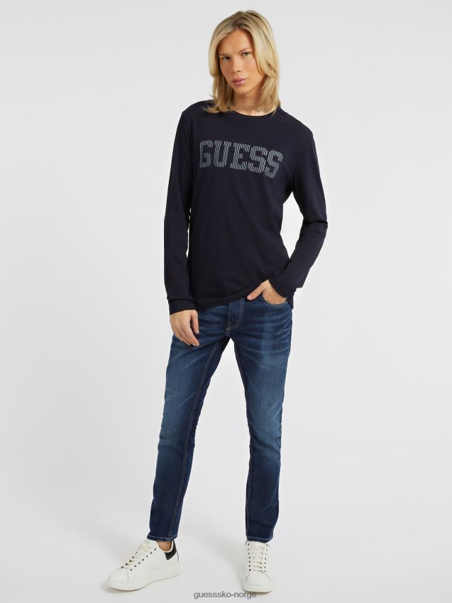 Guess blå t-skjorte med lange ermer med logo foran blå menn F0LJ80593