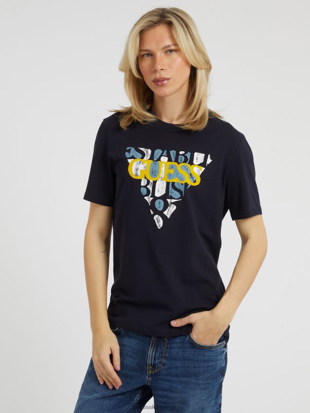 Guess blå t-skjorte med trekantlogo foran blå menn F0LJ80801