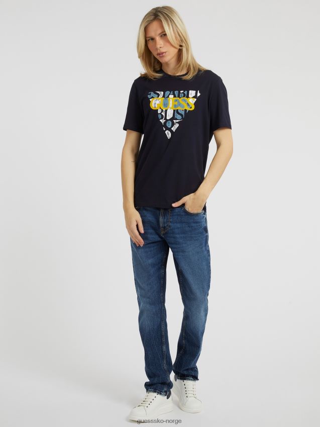 Guess blå t-skjorte med trekantlogo foran blå menn F0LJ80801