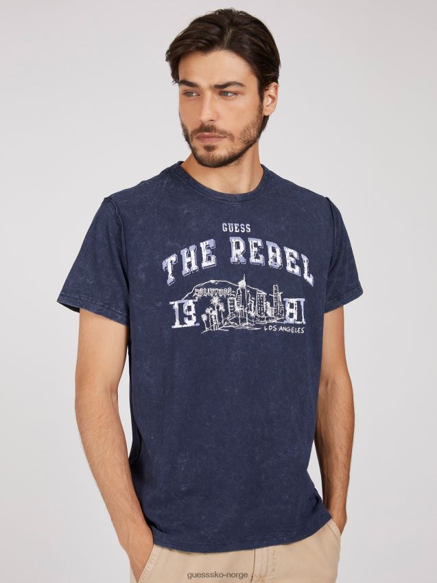 Guess blå t-skjorte med trykk foran blå menn F0LJ801113