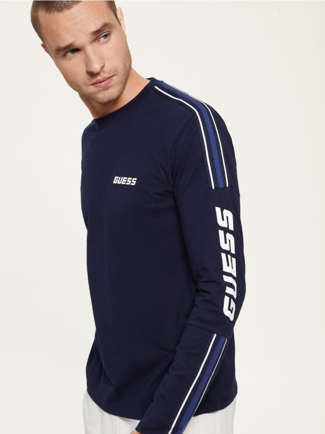 Guess bleu lgant eco Darin langermet logo-t-skjorte bleu lgant menn F0LJ8010780