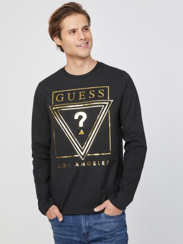 Guess jet black øko-logo langermet t-skjorte kulsvart menn F0LJ808046