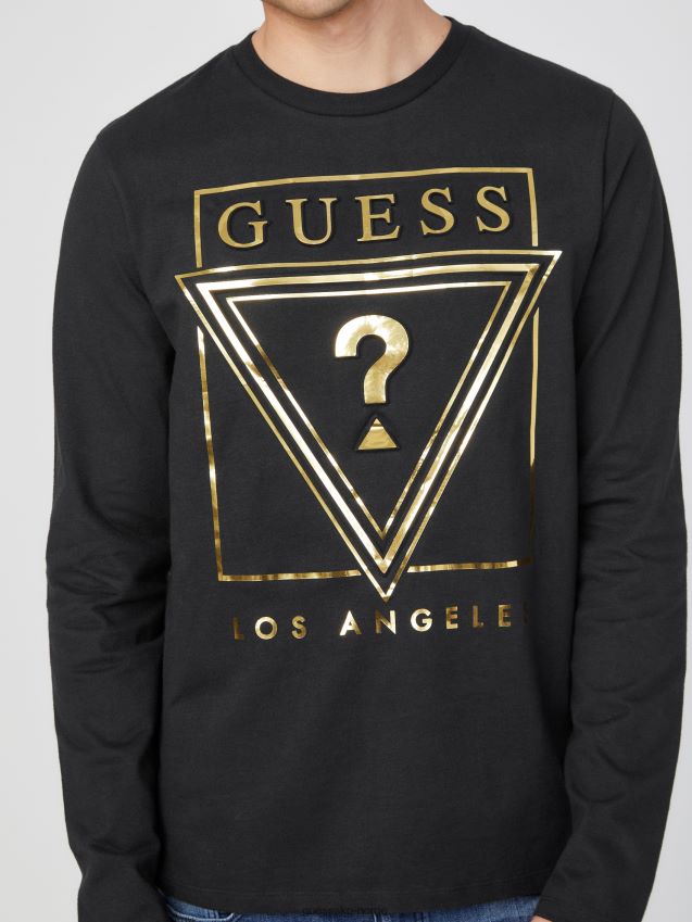 Guess jet black øko-logo langermet t-skjorte kulsvart menn F0LJ808046