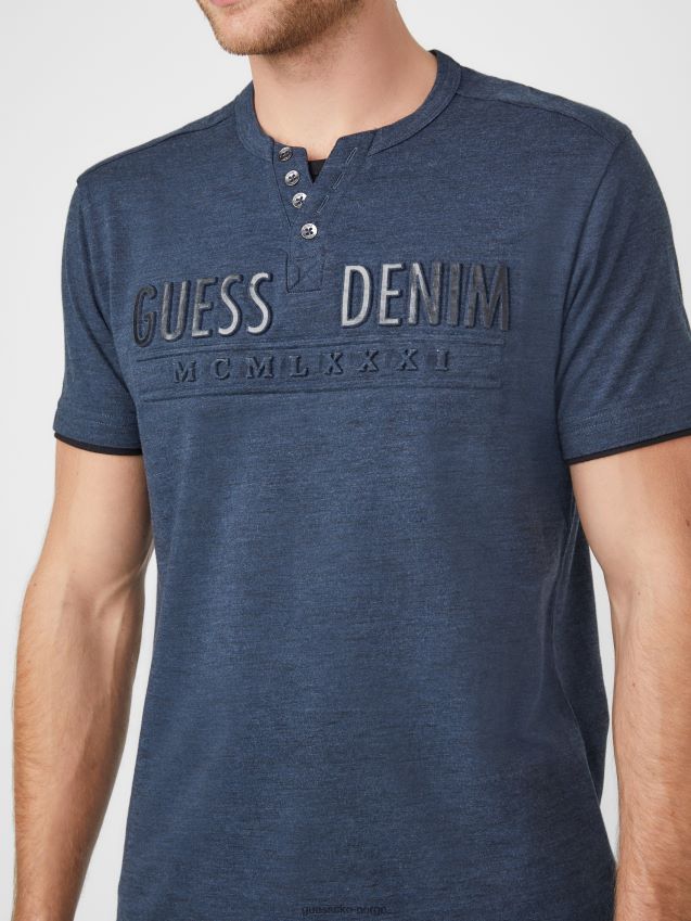 Guess offiser blå mulit edgar marled henley tee offiser blå mulit menn F0LJ808291