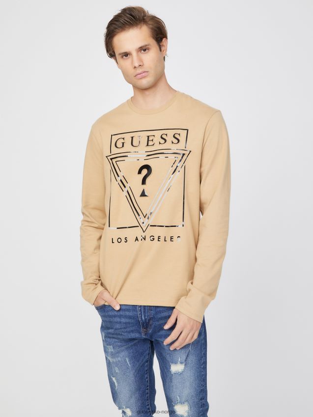 Guess ristet taupe øko-logo langermet t-skjorte ristet taupe menn F0LJ808118