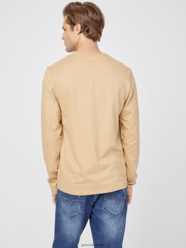 Guess ristet taupe øko-logo langermet t-skjorte ristet taupe menn F0LJ808118