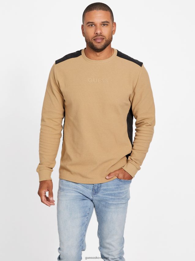 Guess ristet taupe nabry fargeblokk langermet t-skjorte ristet taupe menn F0LJ807842