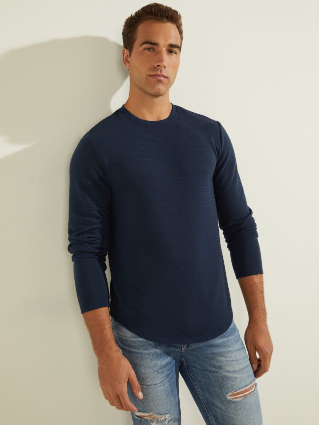 Guess teksturert jersey langermet t-skjorte silkeblå silkeblått menn F0LJ8010437