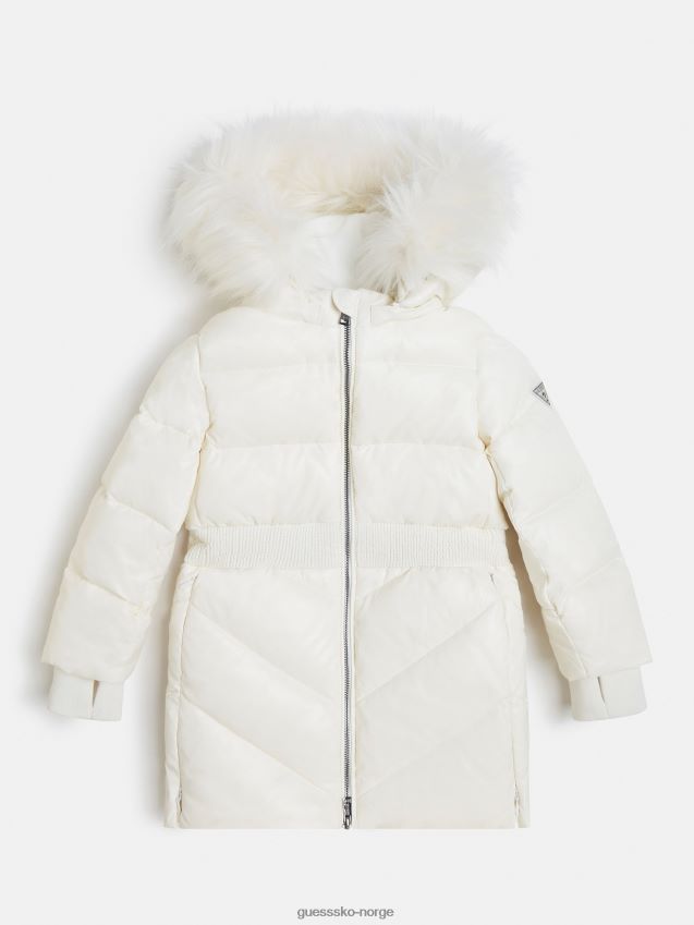 Guess hvit lang puffer med hette i fuskepels hvit pike F0LJ802041