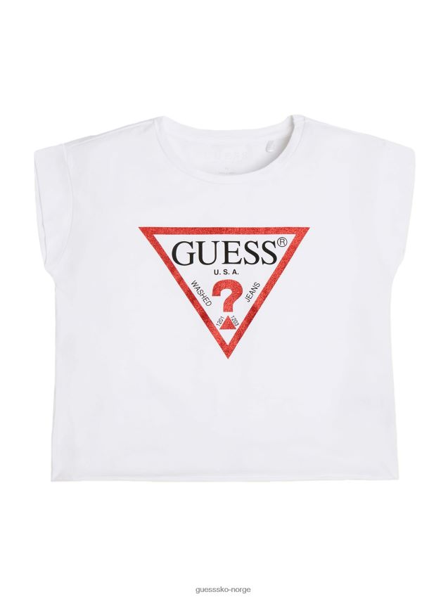Guess ekte hvit beskåret glitterlogo-t-skjorte (7-16) ekte hvit pike F0LJ8011387