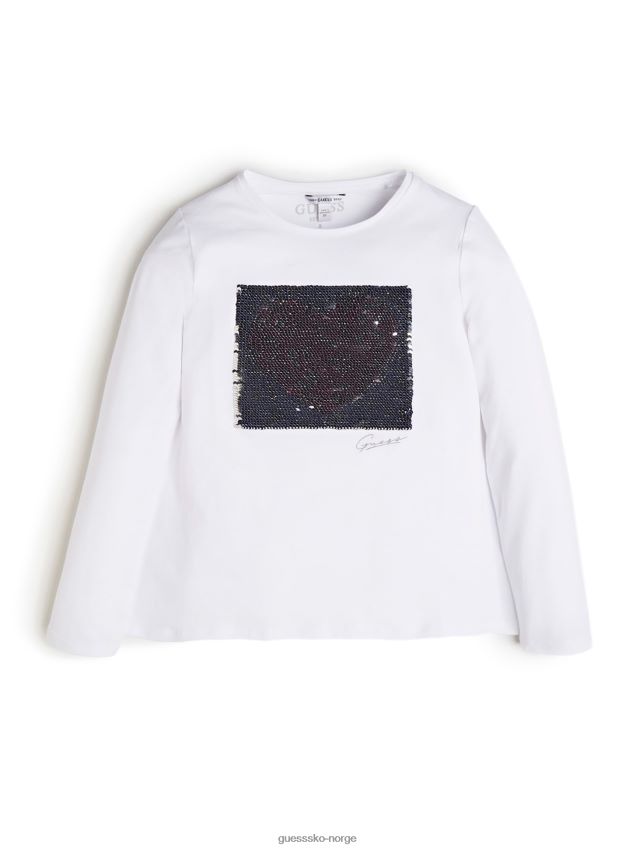 Guess flip paljetter rund hals genser (7-14) ekte hvit ekte hvit pike F0LJ8011476