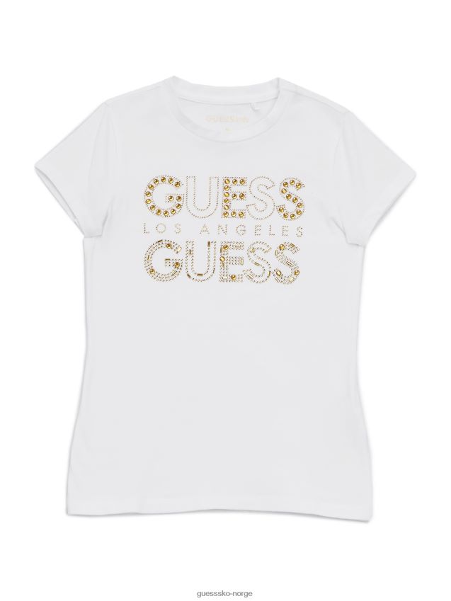 Guess ren hvit kambrie rhinestone logo-t-skjorte (7-14) Ren hvit pike F0LJ808939