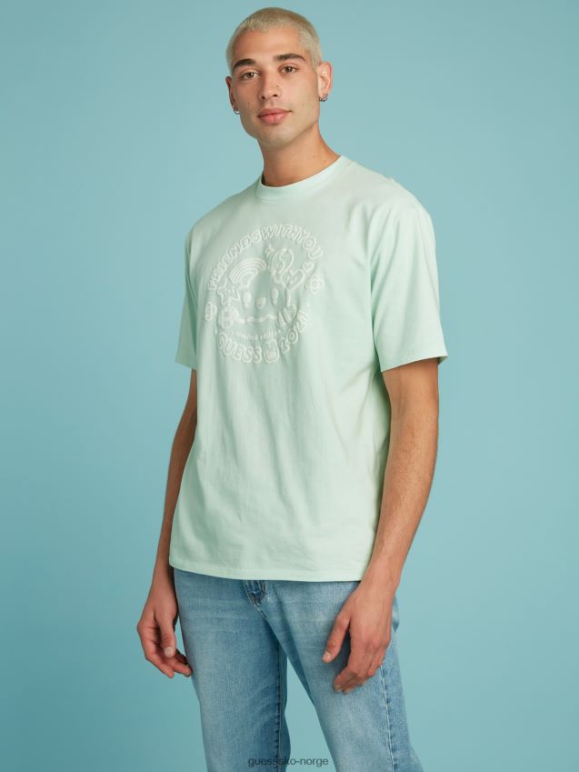 Guess plassert print t-skjorte lyseblå lyse blå unisex F0LJ801181