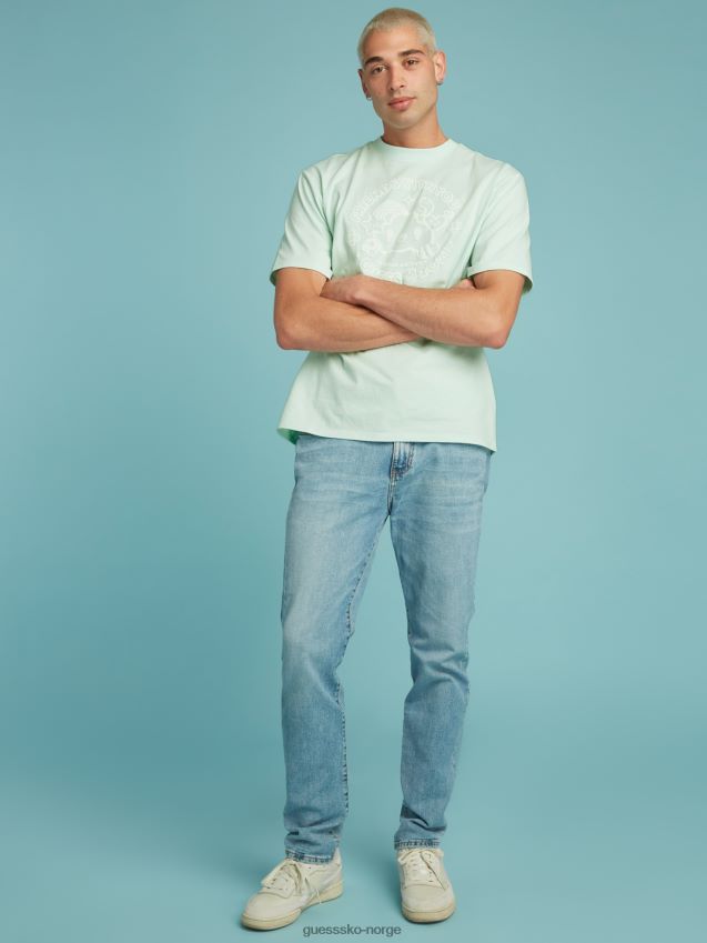 Guess plassert print t-skjorte lyseblå lyse blå unisex F0LJ801181